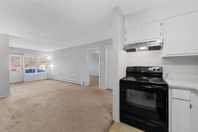 kitchen featuring light carpet, black range with electric cooktop, white cabinets, and a baseboard heating unit