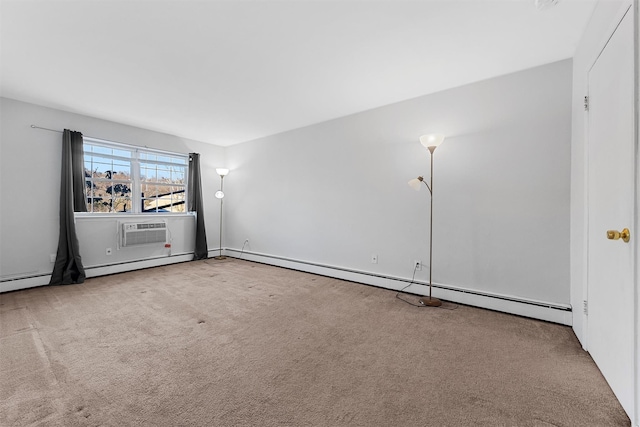 carpeted spare room with a wall mounted air conditioner and a baseboard radiator