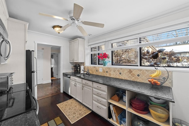 kitchen with sink, dark wood-type flooring, appliances with stainless steel finishes, white cabinetry, and decorative backsplash