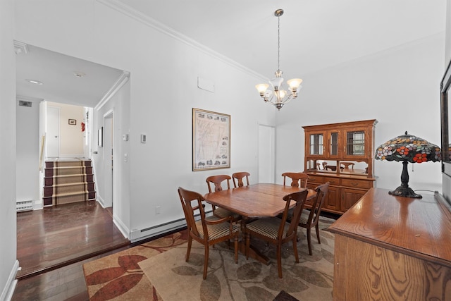 dining area featuring baseboard heating, ornamental molding, dark hardwood / wood-style flooring, and a chandelier