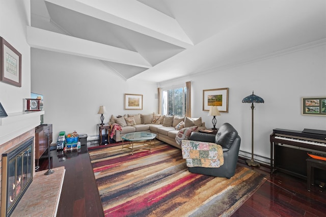 living room featuring baseboard heating, dark hardwood / wood-style floors, vaulted ceiling, and a brick fireplace