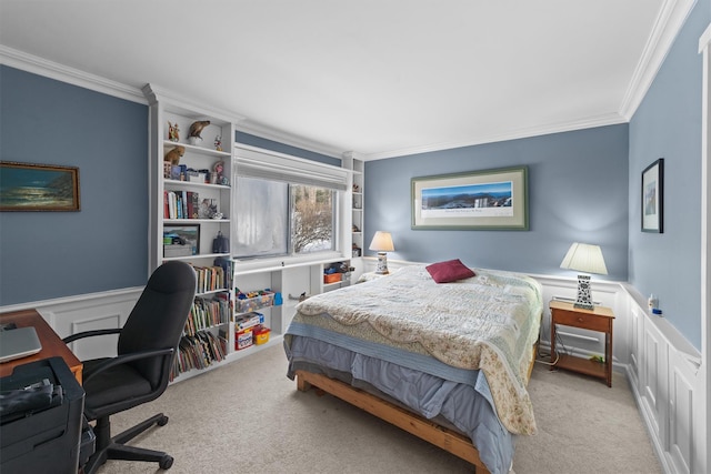 carpeted bedroom featuring ornamental molding