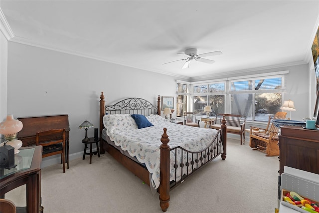 bedroom with light carpet, crown molding, and ceiling fan