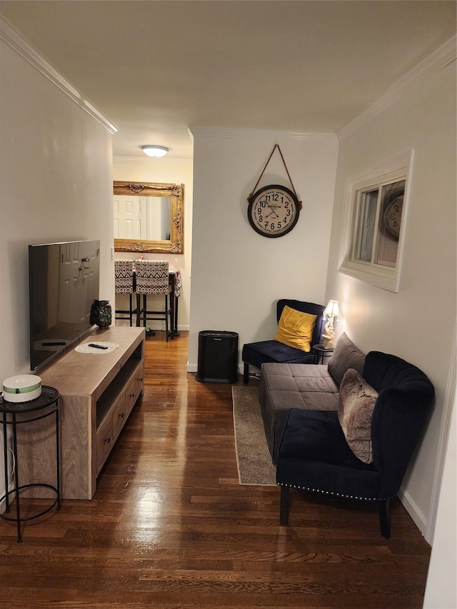 living room with ornamental molding and dark hardwood / wood-style floors