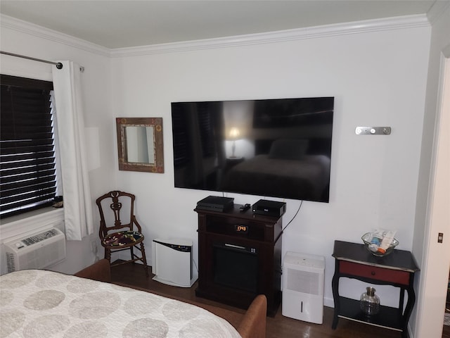 bedroom featuring crown molding, cooling unit, and dark hardwood / wood-style flooring