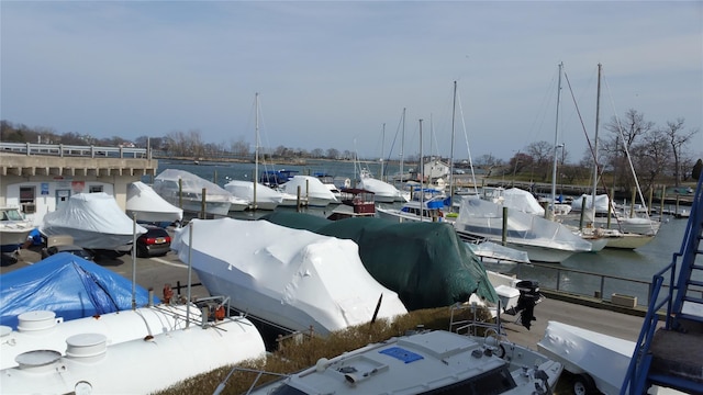 view of parking featuring a water view