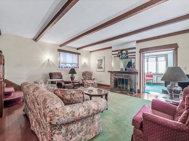 living room with hardwood / wood-style floors and beam ceiling