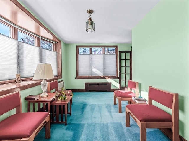 living area with carpet flooring, radiator heating unit, and plenty of natural light