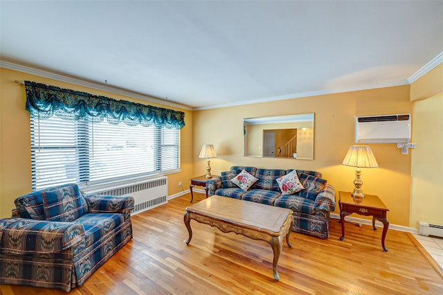 living room with baseboard heating, radiator heating unit, wood-type flooring, a wall unit AC, and crown molding