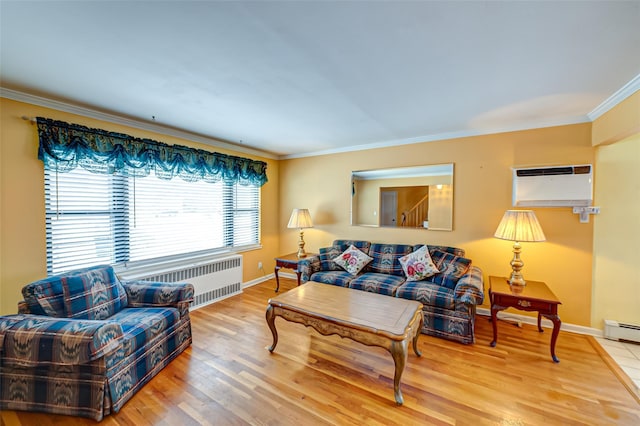 living room featuring crown molding, radiator heating unit, baseboard heating, a wall unit AC, and hardwood / wood-style flooring