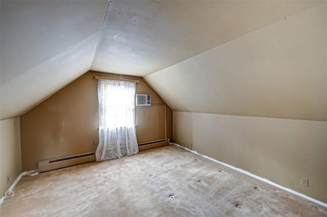 additional living space with light colored carpet, lofted ceiling, and a wall mounted AC