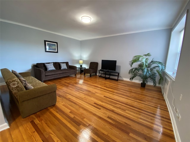 living room featuring hardwood / wood-style flooring and ornamental molding