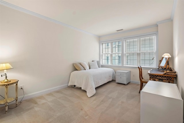 carpeted bedroom with ornamental molding