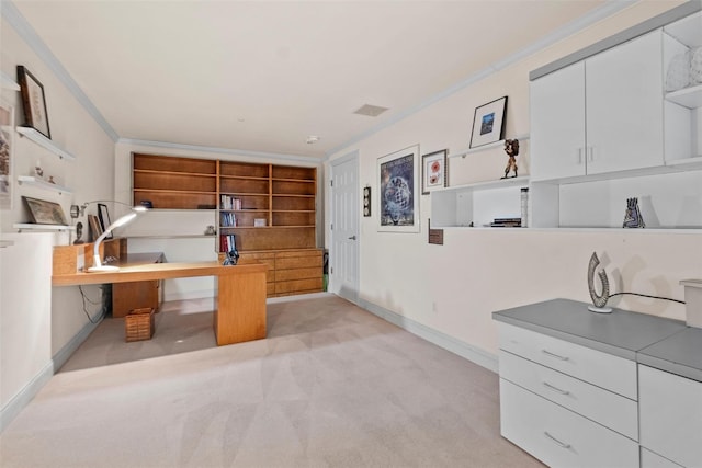 office featuring ornamental molding and light carpet