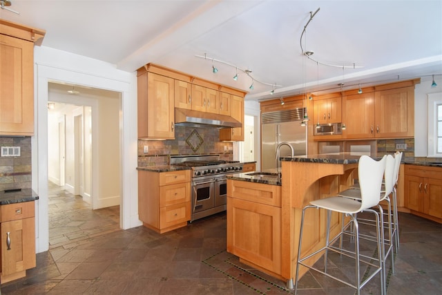 kitchen featuring sink, extractor fan, built in appliances, a center island with sink, and decorative backsplash