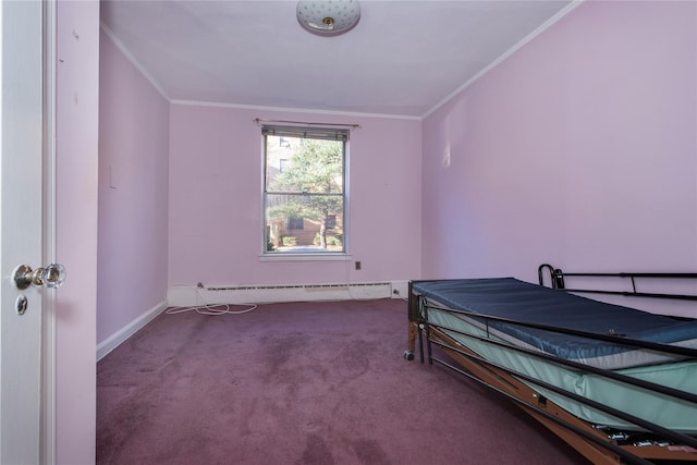 bedroom featuring baseboard heating, ornamental molding, and dark carpet