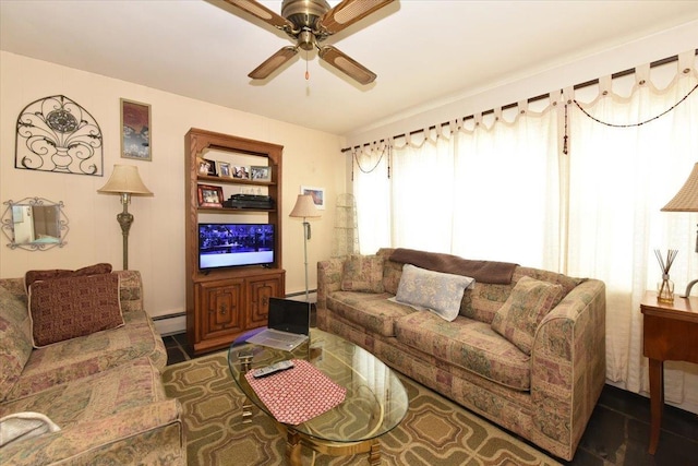 living room featuring a baseboard radiator and ceiling fan