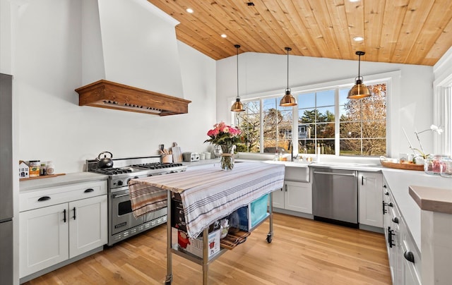 kitchen featuring wood ceiling, custom range hood, white cabinets, decorative light fixtures, and stainless steel appliances