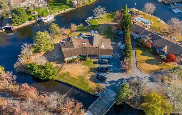 drone / aerial view featuring a water view