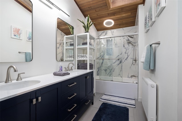 bathroom featuring radiator, wood ceiling, tile patterned floors, vanity, and bath / shower combo with glass door