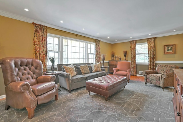 living room featuring crown molding