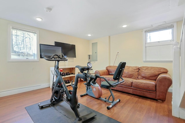 workout room with hardwood / wood-style flooring and electric panel