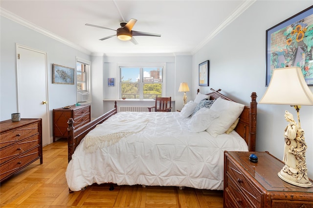 bedroom featuring ceiling fan, light parquet flooring, radiator heating unit, and ornamental molding