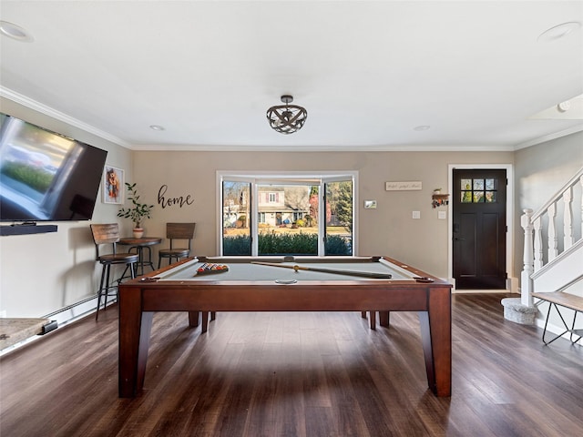 playroom with a baseboard heating unit, crown molding, dark hardwood / wood-style floors, and pool table