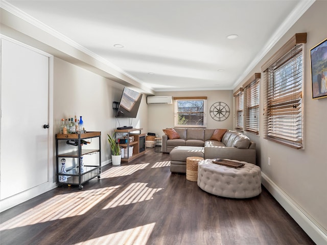 living room featuring an AC wall unit, crown molding, and dark wood-type flooring