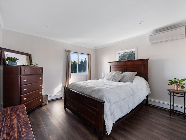 bedroom featuring crown molding, a baseboard heating unit, dark wood-type flooring, and a wall unit AC