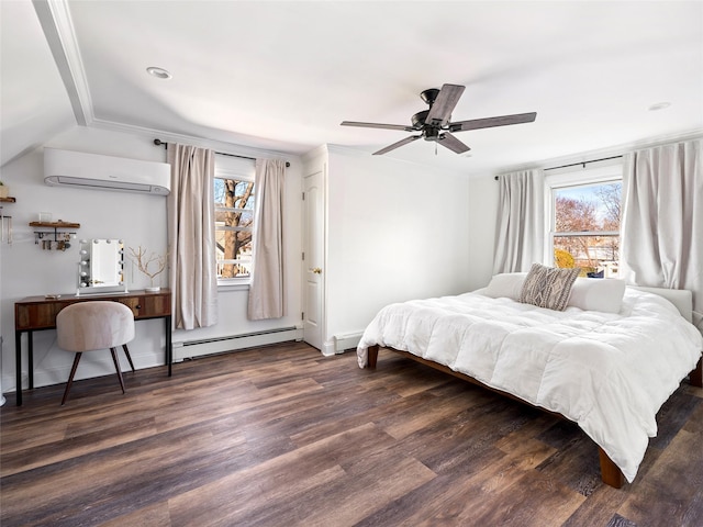 bedroom with baseboard heating, multiple windows, a wall unit AC, and ceiling fan