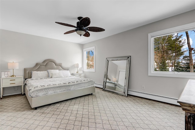 bedroom with ceiling fan and a baseboard heating unit