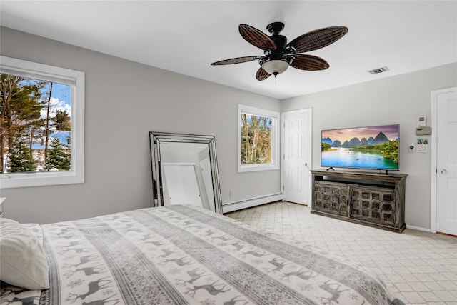 bedroom with ceiling fan and a baseboard radiator