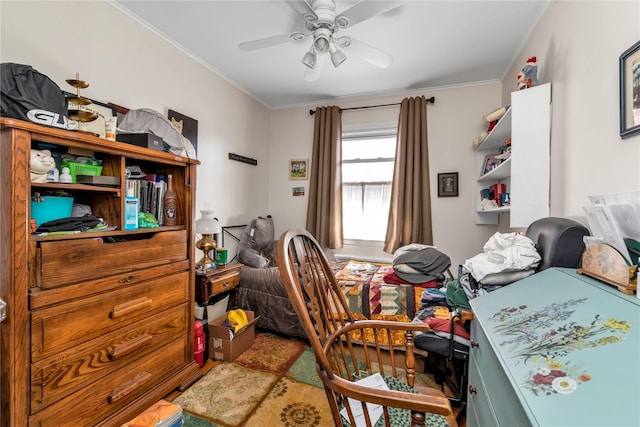 bedroom featuring ceiling fan and crown molding