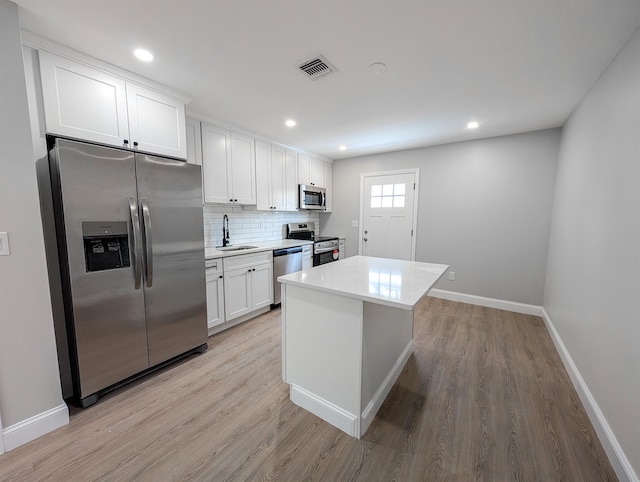 kitchen with light hardwood / wood-style flooring, appliances with stainless steel finishes, sink, white cabinetry, and decorative backsplash