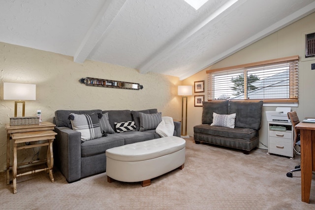 carpeted living room with a textured ceiling and lofted ceiling with beams