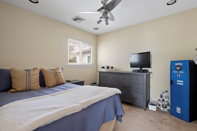 carpeted bedroom featuring ceiling fan