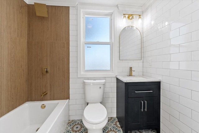 full bathroom featuring tile patterned floors, tile walls, toilet, vanity, and shower / bathtub combination