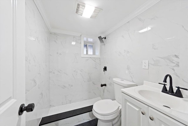 bathroom featuring crown molding, tile walls, a tile shower, toilet, and vanity