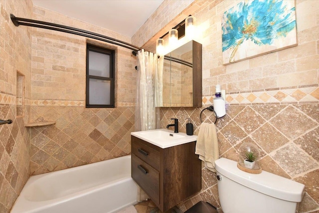 full bathroom with toilet, tile walls, vanity, shower / bath combo, and decorative backsplash