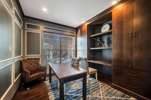 office area with ornamental molding and dark hardwood / wood-style flooring