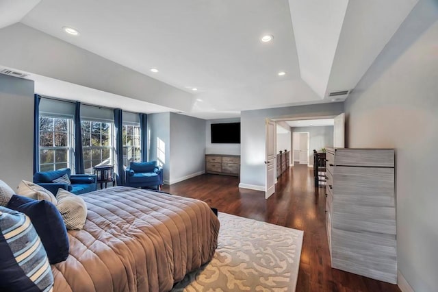 bedroom with dark wood-type flooring and a raised ceiling