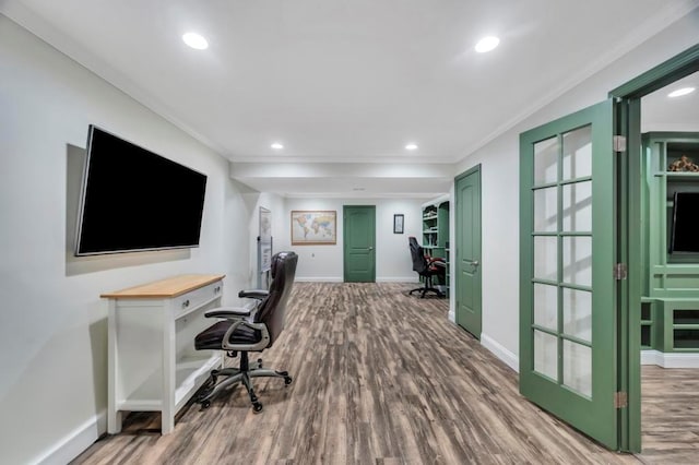 office space featuring crown molding and wood-type flooring