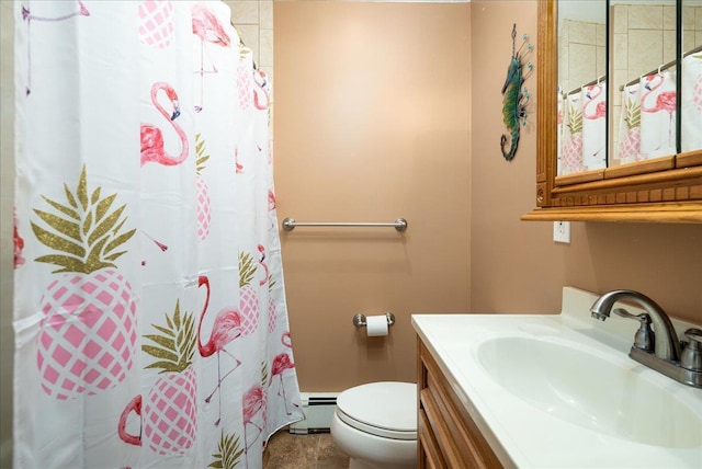 bathroom featuring a baseboard heating unit, toilet, vanity, and a shower with curtain