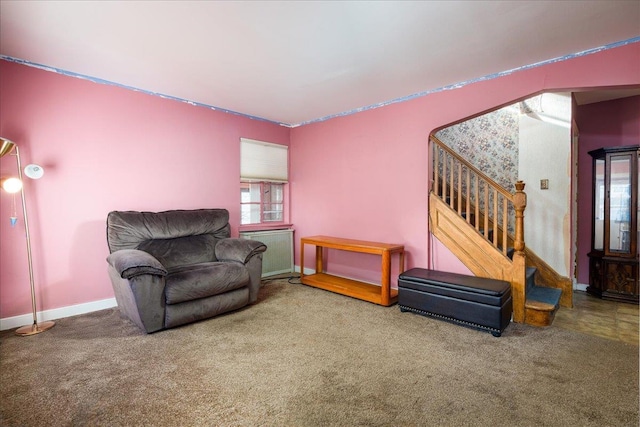 sitting room with radiator and carpet