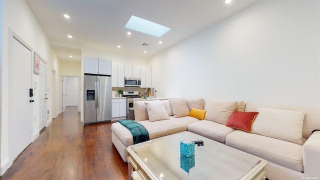 living room with sink, a skylight, a high ceiling, and dark wood-type flooring