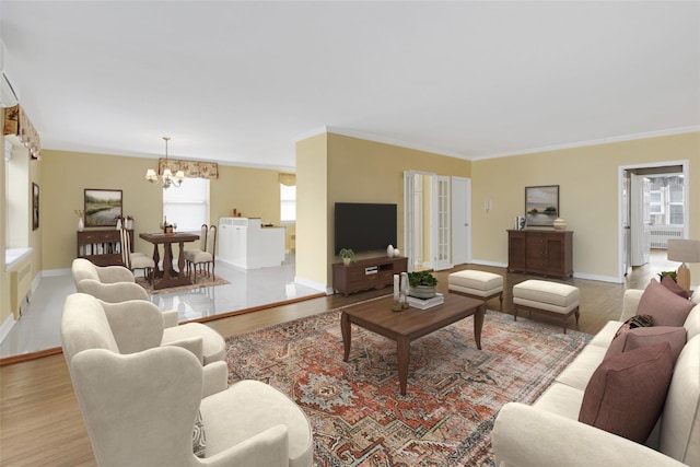 162-21 Powells Cove Blvd Unit 3D, Beechhurst, NY 11357 - living room featuring crown molding, a chandelier, and light wood-type flooring