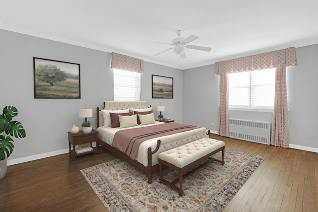 162-21 Powells Cove Blvd Unit 3D, Beechhurst, NY 11357 - bedroom featuring radiator heating unit, ornamental molding, dark hardwood / wood-style floors, and ceiling fan