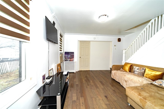 living room featuring crown molding and dark hardwood / wood-style floors