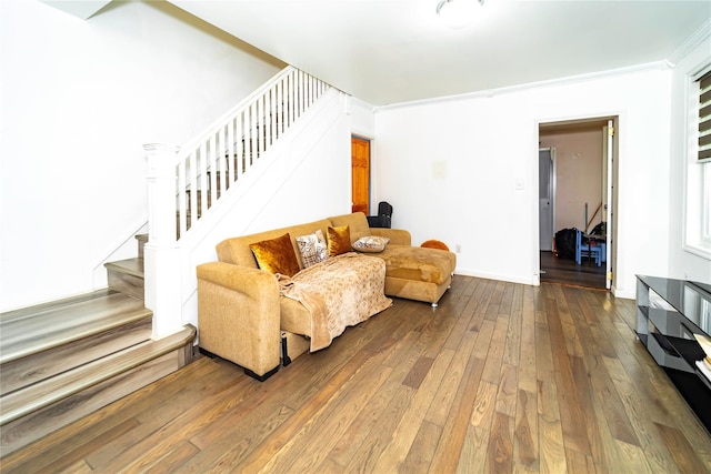 living room with hardwood / wood-style flooring and ornamental molding